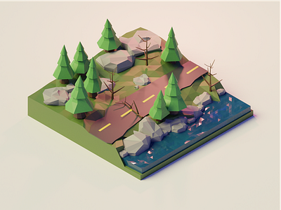 Low poly scenic route highway low poly polygon runway road trees water woods