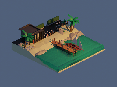 Low poly modern house beach front 3d model art beach blender boats front page low low poly ocean poly