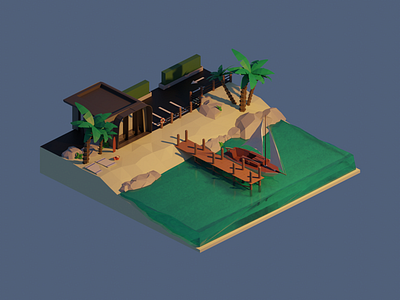 Low poly modern house beach front