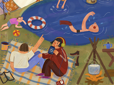 Camping with families and friends illustration painting