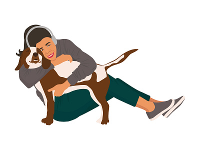 A seated girl listens to music and hugs a dog