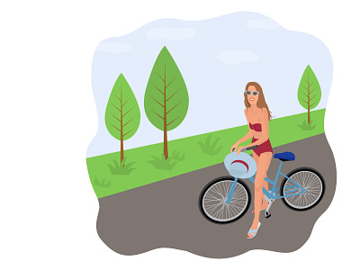 The girl rides a bicycle. Flat vector illustration.