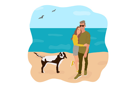 A girl with a guy and a dog. Flat vector illustration.