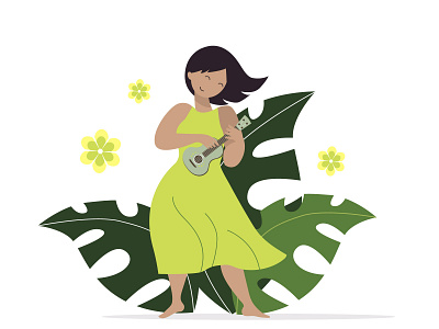 Cute cartoon woman playing ukulele. cartoon cute dress flowers girl green happy illustration illustrator leaves lifestyle mood music tropical ukulele vector woman