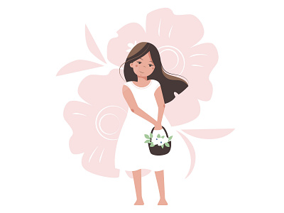 Cartoon nice girl with a basket of flowers. basket cartoon dress flowers girl illustration light nice pink tender tenderness vector white