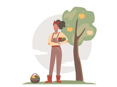 Cute cartoon woman with apples harvest. Autumn mood. apples autumn basket cute flat gardener girl harvest illustration person stylish vector woman young