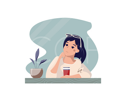 Pensive cartoon girl with a cup of coffee in melancholic mood. cafe cartoon coffee cute girl illustration melancholic mood stylish thinking vector woman