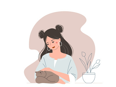 Cute cartoon girl with her cat art cartoon cat cute fashion flat girl hairstyle illustration mood nice plant sleep stylish trendy vector woman young