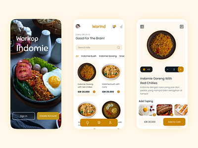 Food App Indomie - IOS App android app appfood brown design food indomie iosapp iosdesign ui ui design uidesign uiux uiuxdesign uiuxdesigner uix uxdesign yellow
