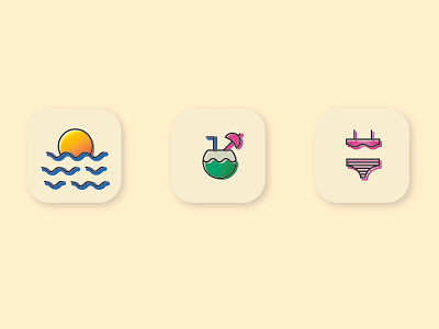 summertime icons bikini coconut design dribbbleweeklywarmup drink flat icon illustration illustrator minimal summer sun ui vector waves