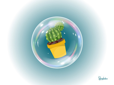 Сactus in a bubble art barbed bubble cactus dribbble flight flower pot illustration illustrator plant