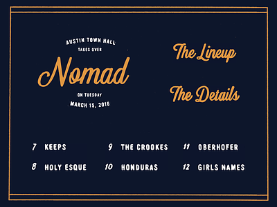 Nomad Party austin town hall eastside font hand-drawn lettering