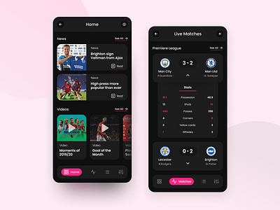 Mobile Football News App dark mode design flat mobile app ui ux