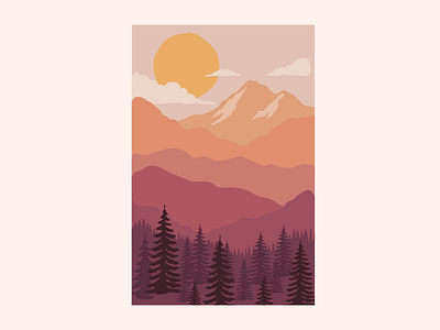 Mountains abstract adobe adobe illustrator aesthetic aesthetics design illustration mountain mountains peach pink purple sun sunrise sunset tree trees yellow