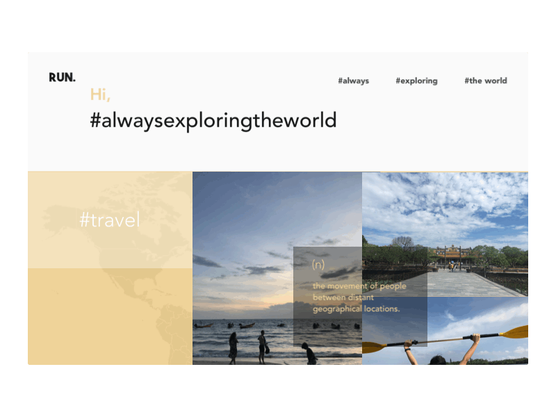 RUN - Travel & Lifestyle blog - Landing Page animated gif animation design travel travel blogger ui ux website design