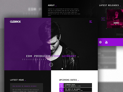 Cuebrick EDM Artist Webdesign Concept black concept contrast cuebrick deejay dj edm grid music purple typewriter white