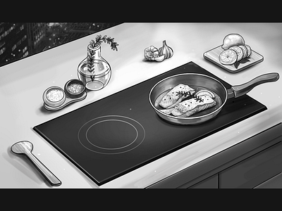 Kitchen artoftheday branding bw campaign concept food illustration inductioncooker kitchen modern night photoshop wacom tablet