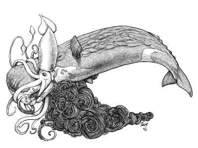 Spermwhale vs. Giant Squid animal art black white clip studio paint deep sea digital illustration digitalart illustration lineart linework nature nature illustration ocean life spermwhale whale