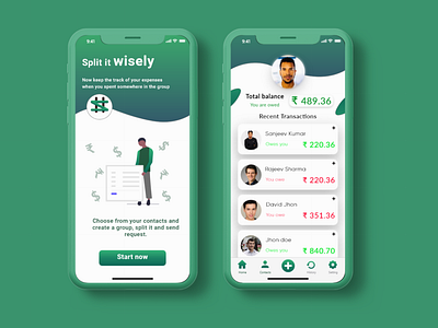 Expense split application user interface.