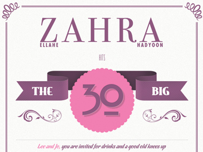 30th Invitiation invite pink purple ribbon swirls texture typography vintage