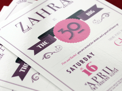 Invite invite pink purple ribbon swirls texture typography vintage