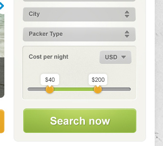 Accommodation Search button dropdown green interface price search slider travel
