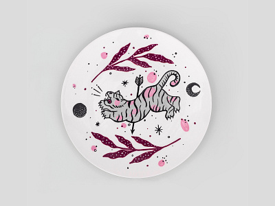 Handpainted Ceramic Dish / Tiger ceramic hand drawn handmade illustration traditional art