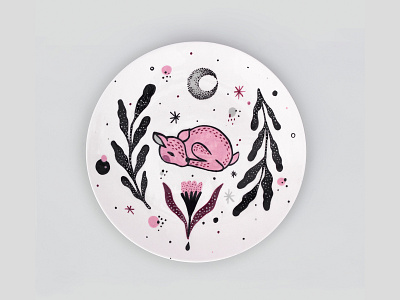 Handpainted Ceramic Dish / Deer / Sketches