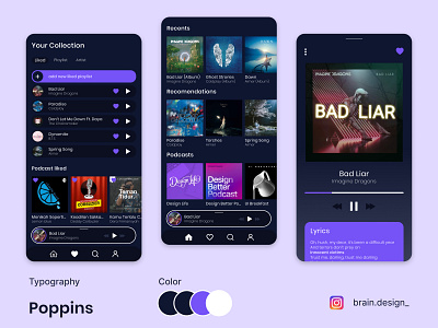 Music Streaming App 36 days of type app design figma gooddesign icon minimal minimalistapp music musicapp navyblue poppins purple typography ui uiux ux uxui web website