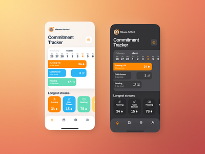 Commitment Tracker Concept - Light & Dark mode app calendar commitment design mobile product design tracker ui ui design ux ui