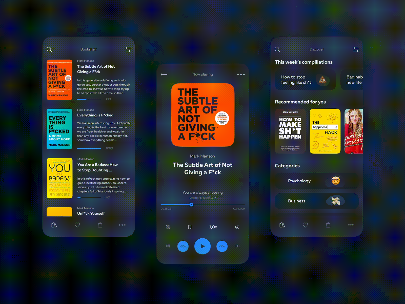 Audioshelf: Player, Discover, Bookshelf. Dark theme.