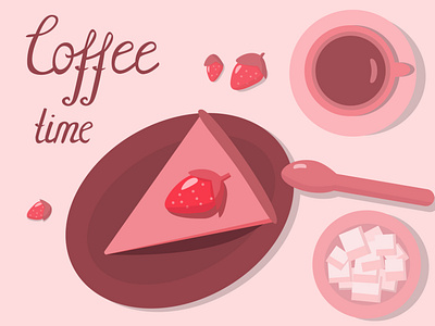 Coffee cup in red cheesecake coffee cup food illustration lettering meal red strawberry sugar vector