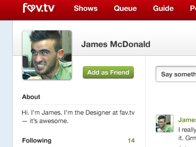 fav.tv: Profile app design fav.tv green interface red startup tv ui user interface ux web app
