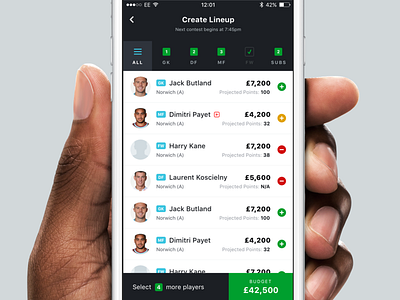 Select Players design fantasy team football football fantasy soccer ui user experience user interface ux