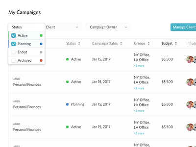 Campaigns List backend ui design dropdown selection ui user experience user interface ux