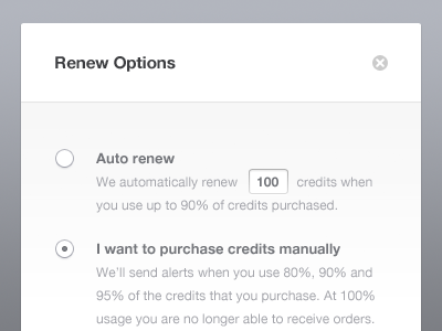 Renew Options button interface popup radio buttons ui ux