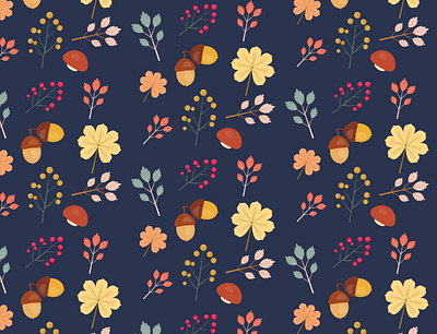 Beautiful pattern with leaves, rowan, acorn, mushrooms decor