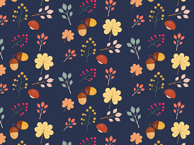 Beautiful pattern with leaves, rowan, acorn, mushrooms