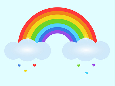 Colorful rainbow and clouds with hearts on blue background