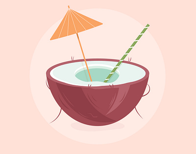 Tropical cocktail in coconut with straw and umbrella art coconut coctail decoration design graphic design illustration logo modern print trend tropical ui vector