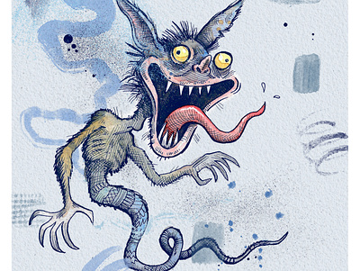Blue Gremlin cartoon color colorful comic drawing energy fantasy illustration ink monster splatter watercolor