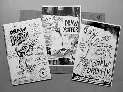 Draw Dropper covers, vol. 1, 2, 3 blackandwhite cartoon collage drawing grunge handletter illustration lowbrow photocopy sketchbook texture type zine