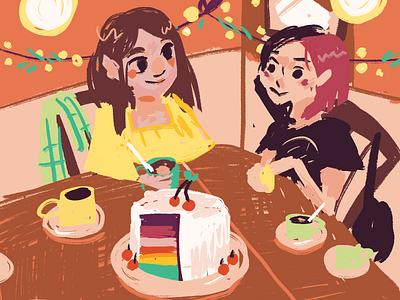 Tea-time at Cherry Reds bright cake fika illustration sketchy student teatime