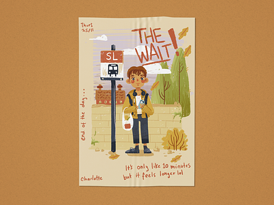 The Wait! Poster boy bus stop character pose cute daily illustration poster rustic small stockholm