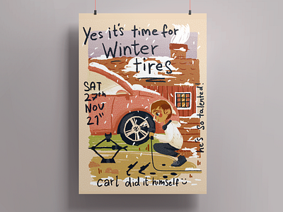 Winter Tires Poster art artinspiration artwork beige cartoon cream dreamy handdrawn illustration minimal poster rustic small snow texture tire change