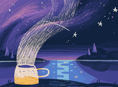 A nice cup of tea in the evening! art artwork blue cup of tea cute dark mode hand illustrated header illustration landscape night night sky pink purple small stars steam tea water