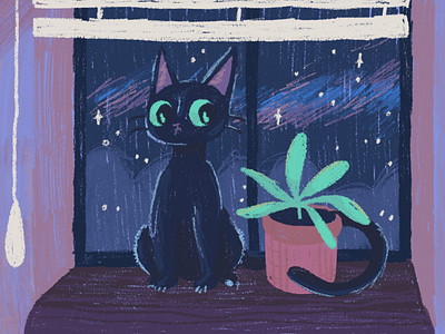 Black Cat in the Window app art black cat blue cat cute header illustration night nightmode plant purple rustic small window window sill