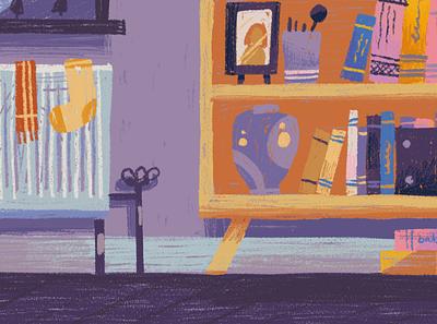 A Bookcase By The Window artwork blue book bookcase cute domestic header illustration inspiration purple radiator rustic vase window