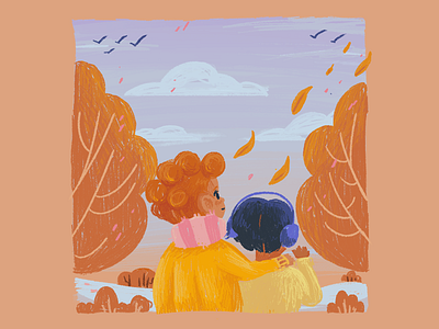 Autumnal Childhood Vibes artinspo artist autumn baby brother childhood chld cloudy cute domestic fall falling leaves illustration leaves orange red rustic sister vibes winter