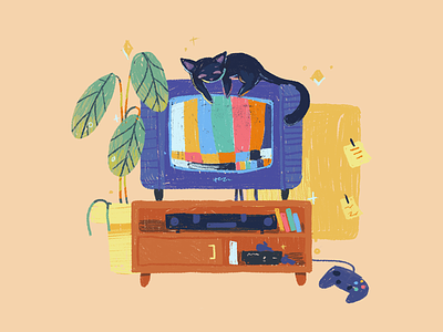 TV Static, Games, a Plant and a Cat album album art album cover cat chill controller cute header illustration kitten nostalgia old tv set plant playstation static tv tv static vibes warm xbox